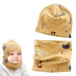 Norhogo Baby Kinder Baumwolle Mütze Schal Set, Wintermütze für Jungen Mädchen Baumwolle, Beanie Hüte + Schlauchschal, Baby Schals Winter Loop Schal Junge Und Mädchen (L, Gelb Elefant) von Norhogo