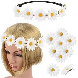 Norhogo Haarband Blumen Mädchen, Blumen Haarband Sonnenblumen Stirnband mit 10 Haarspangen Gänsenblümchen Haarschmuck, für Mädchen Damen Frauen Kinder Hochzeit Reisen Party (Weiß) von Norhogo
