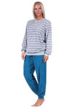 Normann Germany Damen Frottee Pyjama mit Knopfleiste, gestreiftem Oberteil, Uni Hose, Blau, 67840, Gr. M 40/42 von Normann Germany