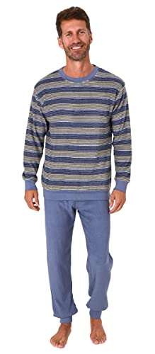 Normann Germany Relax Herren Frottee Pyjama mit Rundhals, Streifen, Uni Hose, Blau/Gelb, 69365, Gr. 48 von Normann Germany