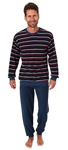 Herren Frottee Pyjama Langarm Schlafanzug mit Bündchen in Streifenoptik - 291 101 13 578, Farbe:Marine, Größe2:50 von Normann