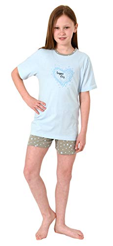 Mädchen Shorty Pyjama Kurzarm Schlafanzug - Tupfenoptik und Herzmotiv - 102 405 10 800, Farbe:hellblau, Größe:170/176 von Normann