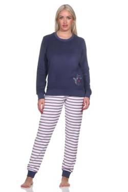 Normann Damen Frottee Pyjama, Hose gestreift, Oberteil mit süssen Tiermotiv, Farbe:Marine, Größe:48-50 von Normann