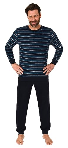 Normann Herren Frottee Schlafanzug Langarm, Pyjama mit feinem Ringel-Muster, Farbe:marine1, Größe:54 von Normann