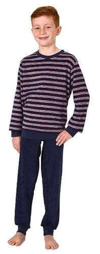 Normann Jungen Frottee Pyjama in Ringel-Optik, Warmer Schlafanzug mit Bündchen, Farbe:Marine, Größe:140 von Normann