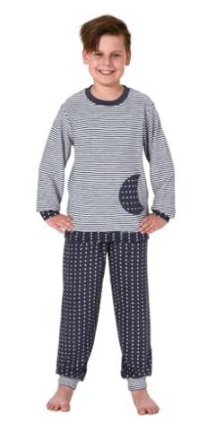 Normann Jungen Frottee Pyjama mit Bündchen, Warmer Schlafanzug in toller Ringel-Optik, Farbe:Ringelmarine, Größe:116 von Normann