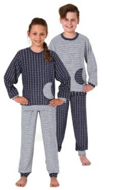 Normann Jungen Frottee Pyjama mit Bündchen, Warmer Schlafanzug in toller Ringel-Optik, Farbe:Tupfen Marine, Größe:140 von Normann