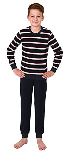 Normann Jungen Langarm Frottee Schlafanzug Pyjama mit Bündchen in Streifenoptik, Farbe:Marine, Größe:140 von Normann