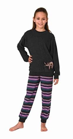 Normann Kuscheliger Mädchen Frottee Schlafanzug Langarm mit Bündchen und süssen Faultier Tiermotiv, Farbe:grau, Größe:140 von Normann