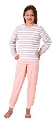 Normann Mädchen Frottee Pyjama in Ringel-Optik, Warmer Schlafanzug mit Bündchen, Farbe:apricot, Größe:140 von Normann