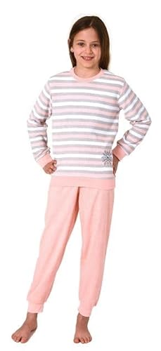 Normann Mädchen Frottee Pyjama in Ringel-Optik, Warmer Schlafanzug mit Bündchen, Farbe:apricot, Größe:152 von Normann