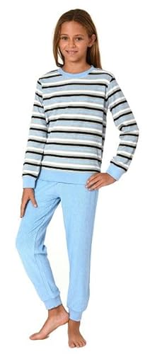Normann Mädchen Frottee Pyjama in Ringel-Optik, Warmer Schlafanzug mit Bündchen, Farbe:blau, Größe:152 von Normann