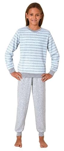 Normann Mädchen Frottee Pyjama in Ringel-Optik, Warmer Schlafanzug mit Bündchen, Farbe:hellblau, Größe:140 von Normann