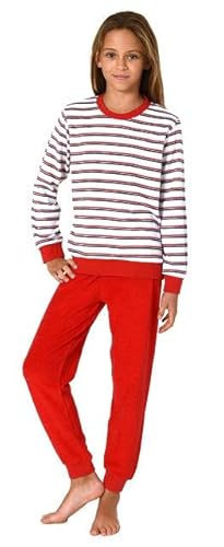 Normann Mädchen Frottee Pyjama in Ringel-Optik, Warmer Schlafanzug mit Bündchen, Farbe:rot, Größe:128 von Normann