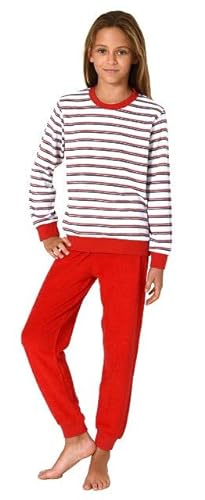 Normann Mädchen Frottee Pyjama in Ringel-Optik, Warmer Schlafanzug mit Bündchen, Farbe:rot, Größe:152 von Normann