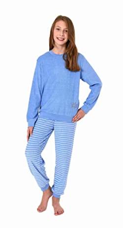 Normann Mädchen Langarm Frottee Schlafanzug Pyjama mit Bündchen und Pyjamahose in Streifenoptik, Farbe:hellblau, Größe:128 von Normann