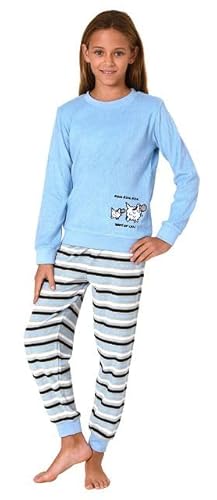 Normann Mädchen Schlafanzug, Frottee Pyjama mit Bündchen und süßem Motiv, Streifenoptik, Farbe:Marine, Größe:140 von Normann