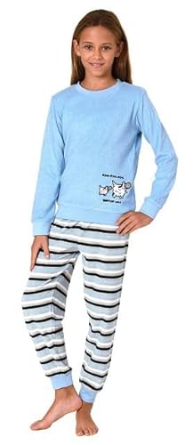 Normann Mädchen Schlafanzug, Frottee Pyjama mit Bündchen und süßem Motiv, Streifenoptik, Farbe:Marine, Größe:164 von Normann