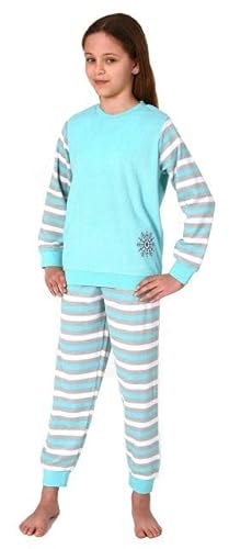 Normann Mädchen Schlafanzug, Frottee Pyjama mit Bündchen und süßem Motiv, Streifenoptik, Farbe:Mint, Größe:128 von Normann