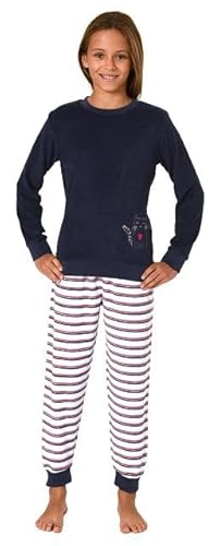 Normann Mädchen Schlafanzug, Frottee Pyjama mit Bündchen und süßem Motiv, Streifenoptik, Farbe:Navy, Größe:140 von Normann