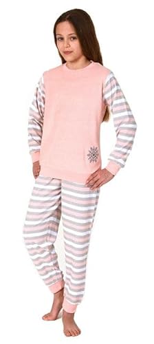 Normann Mädchen Schlafanzug, Frottee Pyjama mit Bündchen und süßem Motiv, Streifenoptik, Farbe:apricot, Größe:128 von Normann