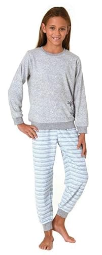 Normann Mädchen Schlafanzug, Frottee Pyjama mit Bündchen und süßem Motiv, Streifenoptik, Farbe:hellblau, Größe:140 von Normann