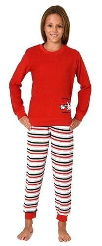 Normann Mädchen Schlafanzug, Frottee Pyjama mit Bündchen und süßem Motiv, Streifenoptik, Farbe:rot, Größe:140 von Normann