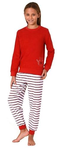 Normann Mädchen Schlafanzug, Frottee Pyjama mit Bündchen und süßem Motiv, Streifenoptik, Farbe:rot1, Größe:152 von Normann