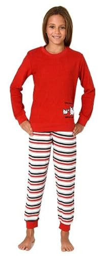 Normann Mädchen Schlafanzug, Frottee Pyjama mit Bündchen und süßem Motiv, Streifenoptik, Farbe:rot2, Größe:140 von Normann