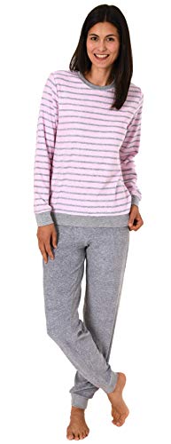 RELAX by Normann Damen Frottee Pyjama Langarm mit Bündchen in edler Streifenoptik - 291 201 13 780, Farbe:rosa, Größe:40/42 von Normann