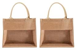 Norsen 2 Stücke Jute Tasche mit sichtbarem Fenster Damen Jutebeutel Strandtasche Wasserdicht Einkaufstaschen Handtasche Geschenktasche (L+M) von Norsen