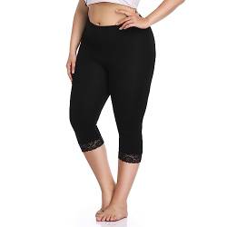 North Bund Damen Capri 3/4 Leggings High Waist Leggins Blickdicht Sporthose Sexy Bauchweg Gymnastikhose Übergröße Mit Spitze Sommer Für Yoga Gym Freizeit Schwarz L XL von North Bund