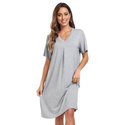 North Bund Nachthemd Damen Kurzarm Nachtwäsche Sommer Schlafshirt Loose fit Negligee V-Ausschnitt Sleepwear S-XXL Grau M von North Bund