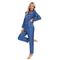 North Bund Satin Langarm Schlafanzug Damen Pyjama Sets Nachtwäsche Sleepwear Loungewear V-Ausschnitt Zweiteiliger Pyjamas Hausanzug Blau S von North Bund