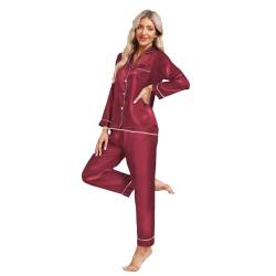 North Bund Satin Langarm Schlafanzug Damen Pyjama Sets Nachtwäsche Sleepwear Loungewear V-Ausschnitt Zweiteiliger Pyjamas Hausanzug Burgunderrot S von North Bund