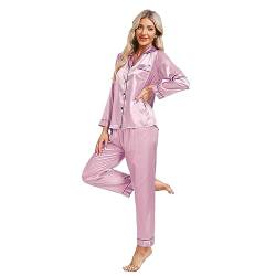 North Bund Satin Langarm Schlafanzug Damen Pyjama Sets Nachtwäsche Sleepwear Loungewear V-Ausschnitt Zweiteiliger Pyjamas Hausanzug Rosa M von North Bund