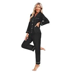 North Bund Satin Langarm Schlafanzug Damen Pyjama Sets Nachtwäsche Sleepwear Loungewear V-Ausschnitt Zweiteiliger Pyjamas Hausanzug Schwarz M von North Bund