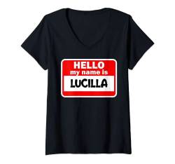Damen Lucilla Hello Hi My Name Is T-Shirt Name On Custom T-Shirt mit V-Ausschnitt von Novelty Given First Name Introduce Me Tag