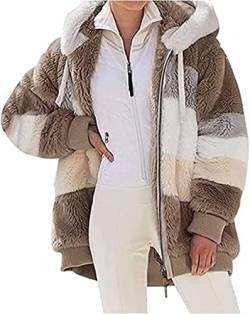 Nsercvb Fleecejacke Damen, Winterjacke Teddy Fleece Mantel Warm Gefüttert Winter Kapuzenpullover Flauschig Plüschjacke Sweatshirt mit Kapuze und Taschen Reißverschluss Oversize, A3-brown, XL von Nsercvb