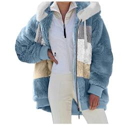 Nsercvb Fleecejacke Damen, Winterjacke Teddy Fleece Mantel Warm Gefüttert Winter Kapuzenpullover Flauschig Plüschjacke Sweatshirt mit Kapuze und Taschen Reißverschluss Oversize, F2 Blau, 4XL von Nsercvb