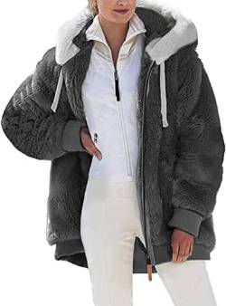 Nsercvb Fleecejacke Damen, Winterjacke Teddy Mantel Warm Winter Kapuzenpullover Flauschig Sweatshirt mit Kapuze und Taschen Oversize, 4XL, B6-gray von Nsercvb