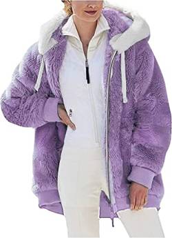 Nsercvb Fleecejacke Damen, Winterjacke Teddy Mantel Warm Winter Kapuzenpullover Flauschig Sweatshirt mit Kapuze und Taschen Oversize, XL, B3-purple von Nsercvb