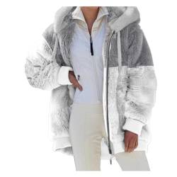 Nsercvb Fleecejacke Damen, Winterjacke Teddy Mantel Warm Winter Kapuzenpullover Flauschig Sweatshirt mit Kapuze und Taschen Oversize, XXL, B8-gray von Nsercvb