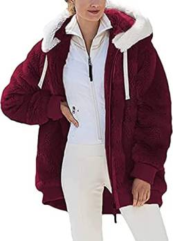 Nsercvb Fleecejacke Damen,Winterjacke Damen Teddy Fleece Mantel Warm Gefüttert Winter Kapuzenpullover Flauschig Plüschjacke Sweatshirt mit Kapuze und Taschen Reißverschluss Winterjacke Oversize, 5XL von Nsercvb