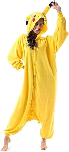 Nubincai Jumpsuit Tier Karton Fasching Halloween Kostüm Sleepsuit Cosplay Fleece-Overall Pyjama Schlafanzug Erwachsene Unisex Nachtwäsche Gelb von Nubincai