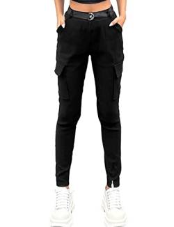 Nuofengkudu Cargohose Damen Stretch Cargo Leggings Hose mit Taschen Frauen Skinny Kargo Hosen mit Gummizug Gummibund Teenager Mädchen Moda Stoffhose Seitentaschen Sportleggins Jeggings Schwarz L von Nuofengkudu