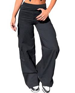 Nuofengkudu Cargohose Damen Weite Hosen Stretch High Waist Cargo Taschen Palazzo Hose Bootcut Schlaghose Damenhosen mit Gummizug Y2K Teenager Mädchen Frauen Arbeitshosen Stoffhose Outdoor Schwarz 2XL von Nuofengkudu