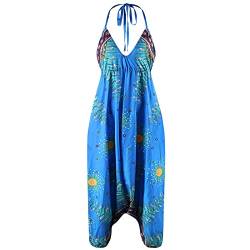 Nuofengkudu Damen Blumen Boho Jumpsuit V Ausschnitt Rückenfrei Overall Leichte Sommerkleid Outfits Strandkleid Sommermode Einheitsgröße S-Blau von Nuofengkudu