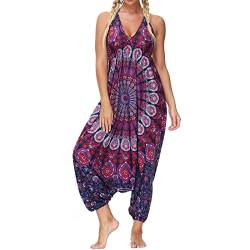 Nuofengkudu Damen Blumen Boho Jumpsuit V Ausschnitt Rückenfrei Overall Leichte Sommerkleid Outfits Strandkleid Sommermode Einheitsgröße S-Lila Blume von Nuofengkudu