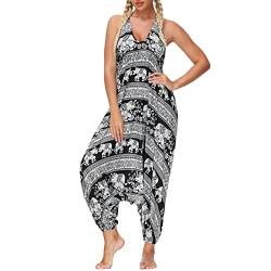 Nuofengkudu Damen Blumen Boho Jumpsuit V Ausschnitt Rückenfrei Overall Leichte Sommerkleid Playsuits Strandkleid Sommeroutfit Einheitsgröße S-Schwarz Elefant von Nuofengkudu